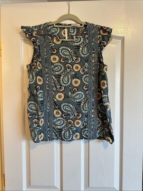 LOFT Teal Paisley Floral Lace-Trim Top